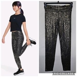 New Girls Nike Dri FIT One Leggings Black Metallic Gold Tight Fit High Rise XL